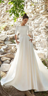 Simple Graceful Wedding Dresses With Pockets Elegant Bridal Gowns A-Line Robes Satin Three Quarters Sleeves Vestidos De Novia